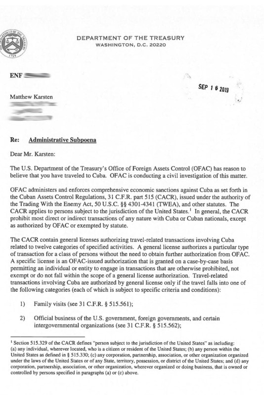 OFAC Letter for Visiting Cuba
